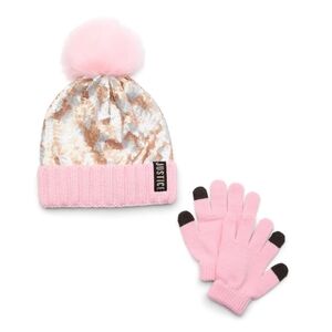 Justice Pink Cheetah Print Sequin Beanie And Touch Screen Capable Glove Set New